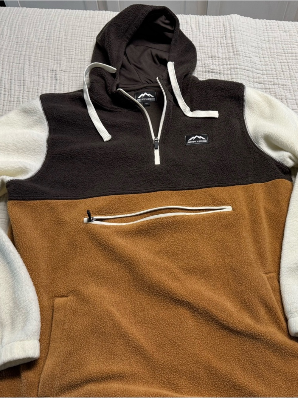 Men's Colorblock Half-Zip Fleece Hoodie in Brown, Black & Cream